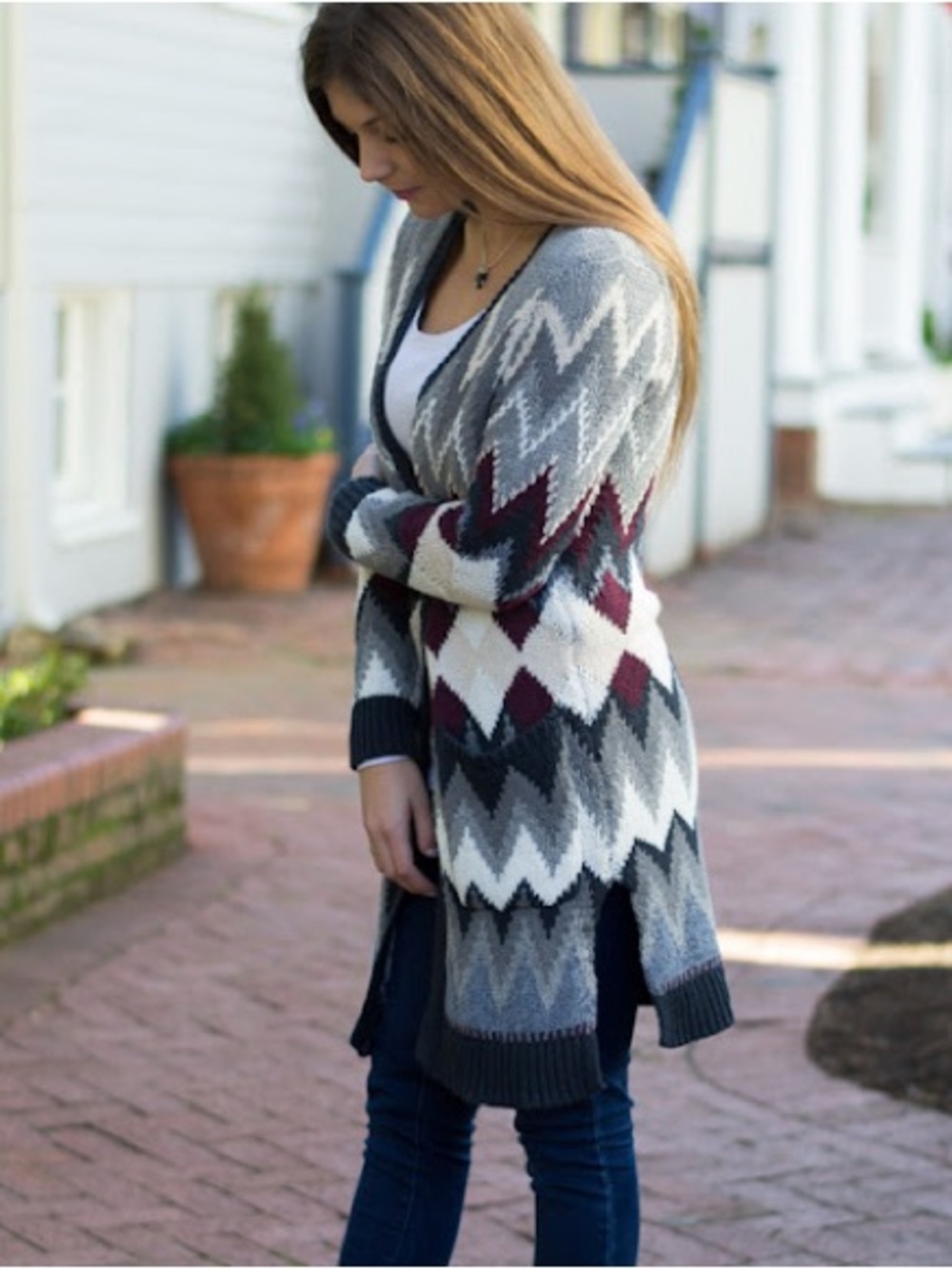 Knit Geometric Pattern Long Duster Cardigan